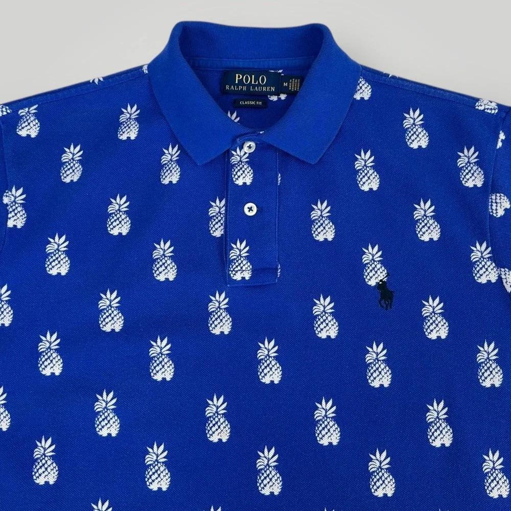 POLO RALPH LAUREN Polo Shirt Mens M‎ Classic Fit Allover Pineapple Black Pony